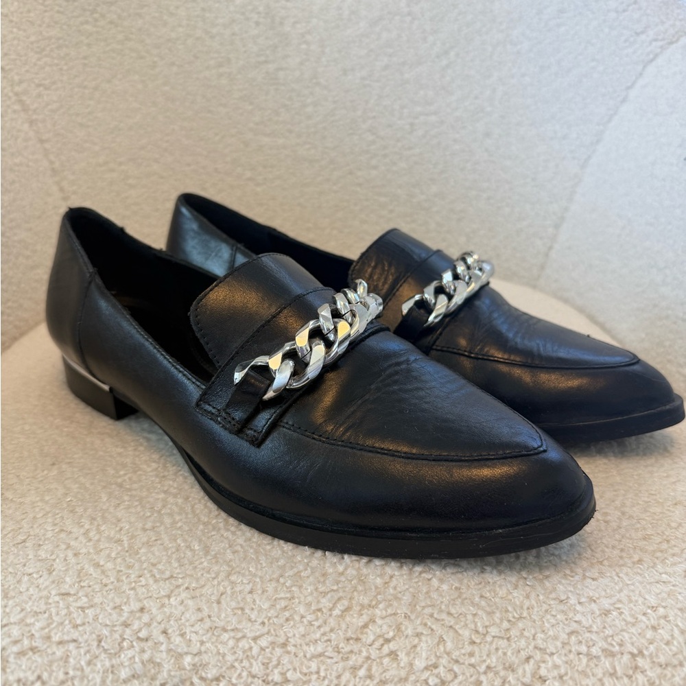 Black Leather Loafers with Silver Chain
